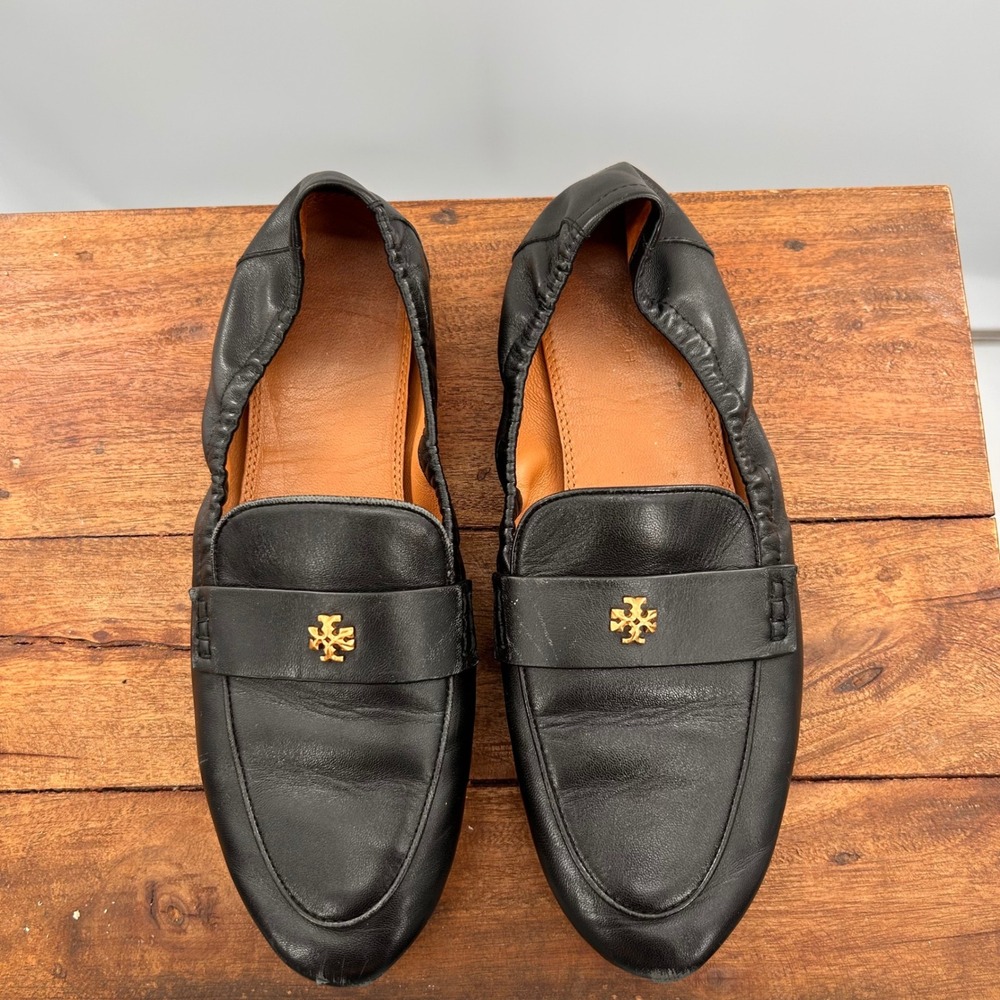 Tory Burch Black Leather Logo Medallion Elastic Loafers Flats Size 9M